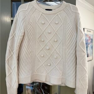 J. Crew Women's Cable Pom-Pom Cream Crew Neck Sweater, 100% Wool, Size Small